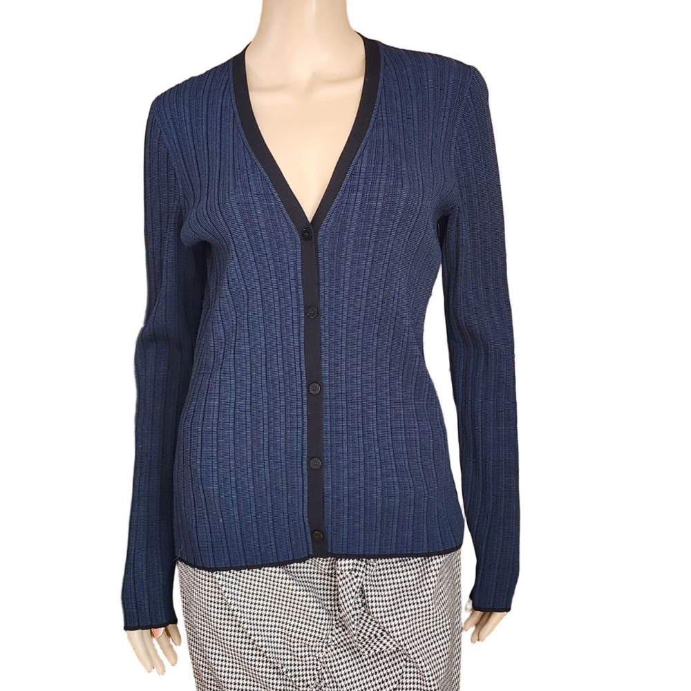 THEORY Blue Ribbed Cardigan L with Black Trim